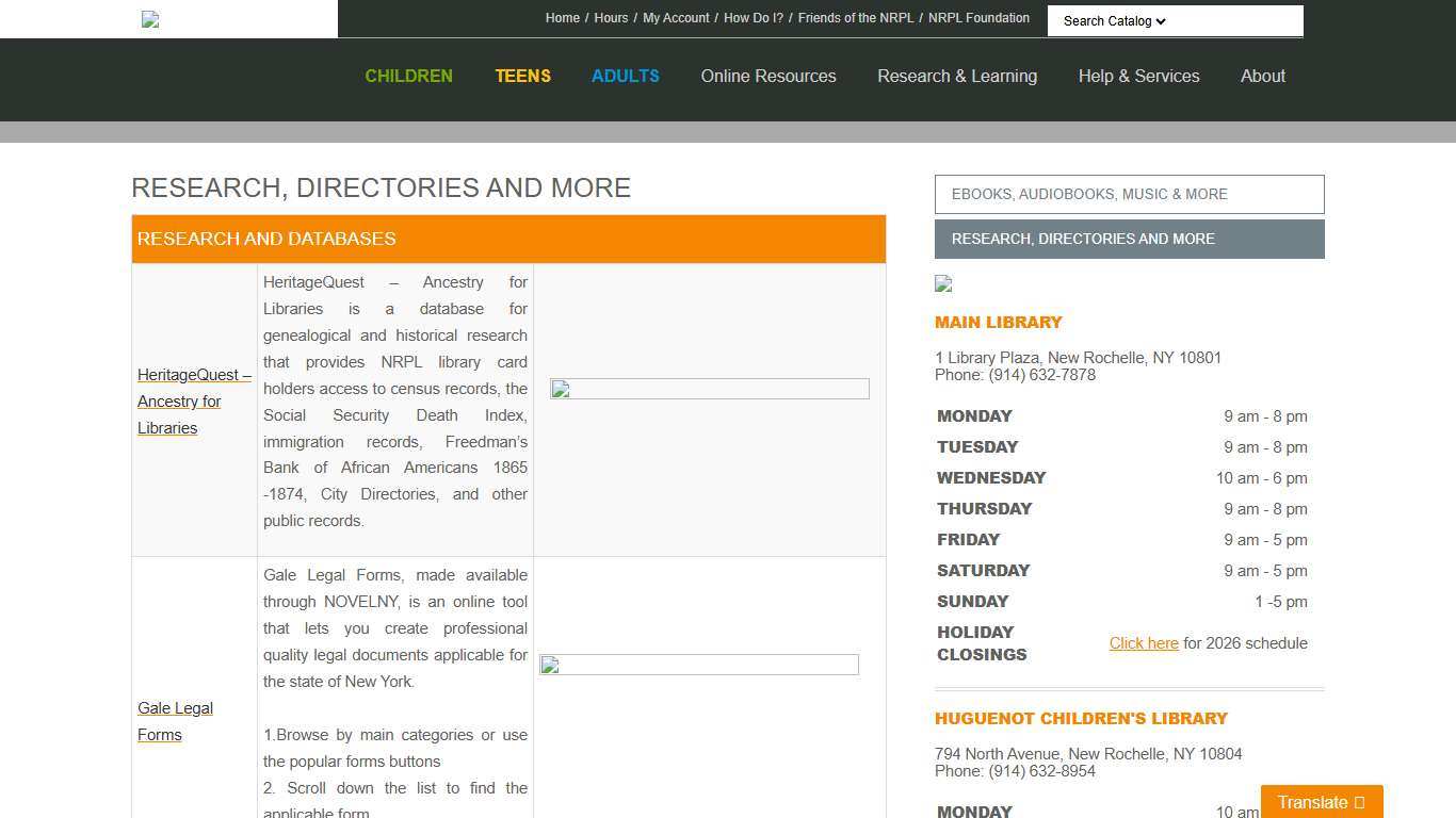 Research, Directories and More New Rochelle Public Library